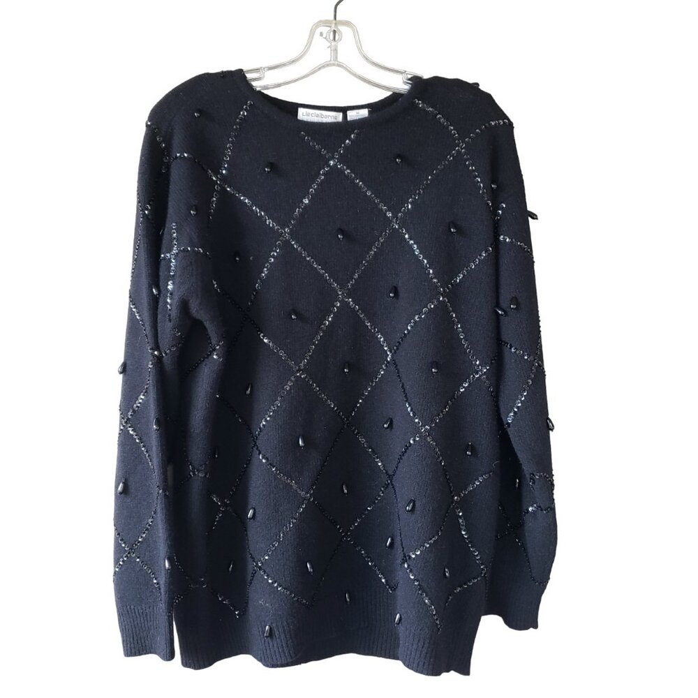 Vintage Beaded Angora Sweater Women's Medium Black Liz Clairborne